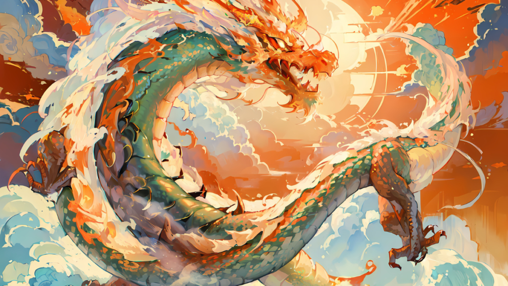 Digital artwork displaying a colorful, fiery dragon with outstretched wings.