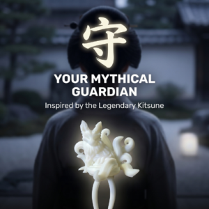 A glowing white Guardian Fox Twist Hair Pin styled in dark hair. Text overlay reads 'Your Mythical Guardian, Inspired by the Legendary Kitsune' below a large kanji symbol.
