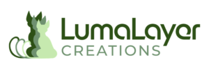Icon artwork featuring a green stylized cat silhouette in multiple layers with "Luma Layer Creations" written