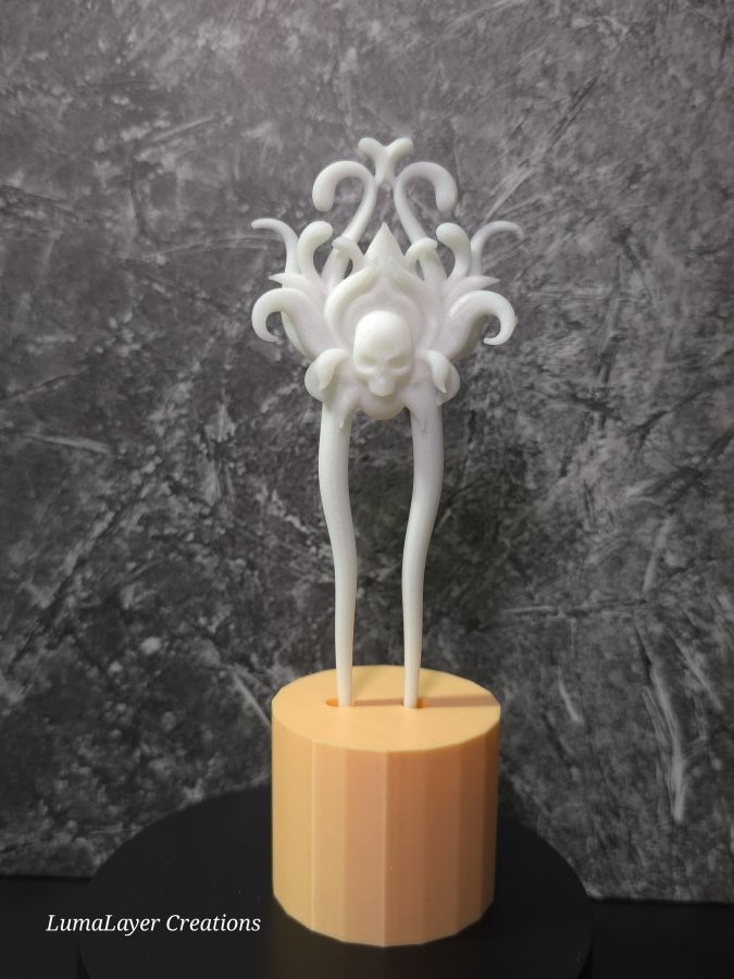 3d printed hair pin with a filagree and gothic design