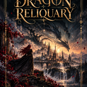 Fantasy book cover for The Dragon Reliquary by Amanda Winchester. A red-haired woman in a flowing black cloak stands on a rocky cliff overlooking a magnificent Gothic city of towering spires, bridges, and cascading waterfalls. An enormous shadowy dragon arches across a dramatic, glowing sky above the city. Deep crimson foliage frames the foreground, while ornate gold celestial designs, crescent moons, stars, and decorative borders surround the artwork. The title appears in large metallic gold lettering at the top, with the author's name in gold at the bottom. The overall atmosphere is dark, mysterious, and magical.