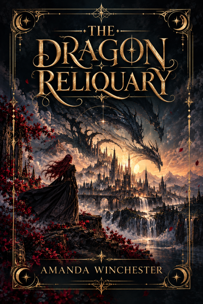 Fantasy book cover for The Dragon Reliquary by Amanda Winchester. A red-haired woman in a flowing black cloak stands on a rocky cliff overlooking a magnificent Gothic city of towering spires, bridges, and cascading waterfalls. An enormous shadowy dragon arches across a dramatic, glowing sky above the city. Deep crimson foliage frames the foreground, while ornate gold celestial designs, crescent moons, stars, and decorative borders surround the artwork. The title appears in large metallic gold lettering at the top, with the author's name in gold at the bottom. The overall atmosphere is dark, mysterious, and magical.