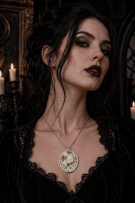 3d printed gothic style pendant modeled by woman